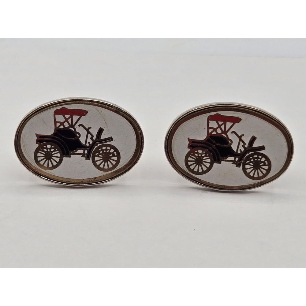 Vtg Automobile Antique Coupe Cufflinks Enamel White Black Red Goldtone Car